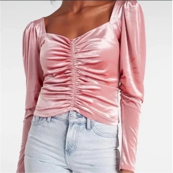 Express Tops - Express Pink Velvet Ruched Blouse